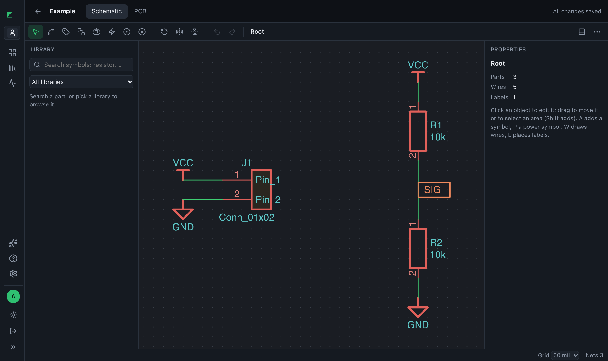 The schematic editor of pcbmate, with a voltage divider and its connector